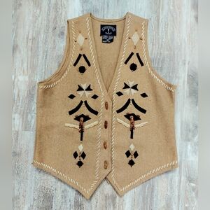 Vintage Solutions Wool Blend Camel Wooden Beaded Southwestern Vest Boho Aztec